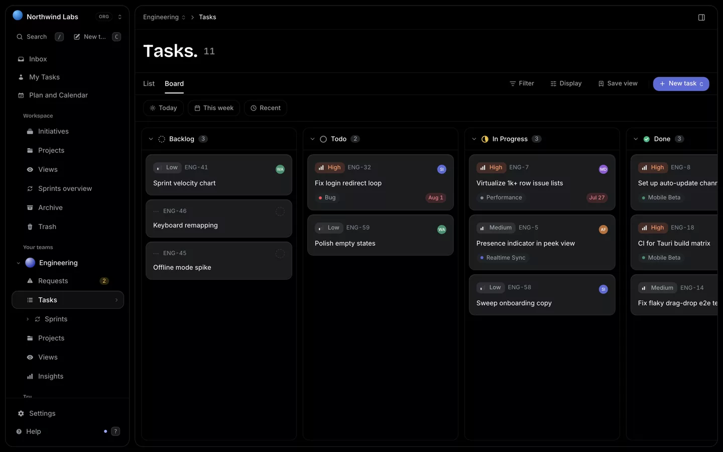 TaskShelf board with Backlog, Todo, In Progress, and Done columns of task cards