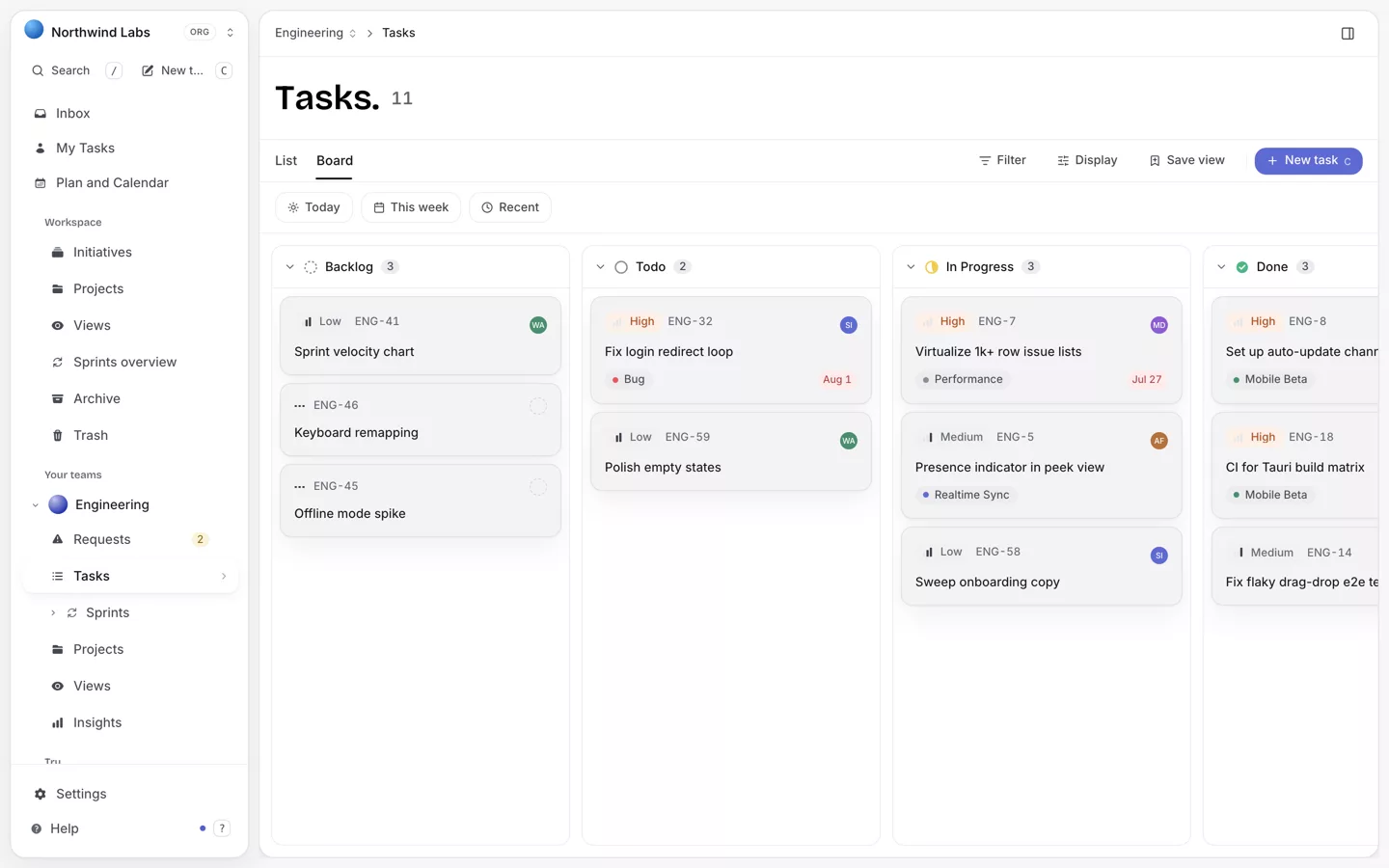 TaskShelf board with Backlog, Todo, In Progress, and Done columns of task cards