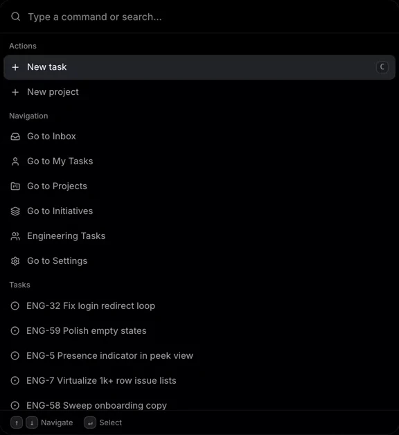 The TaskShelf command menu listing actions, navigation, and recent tasks