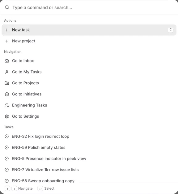 The TaskShelf command menu listing actions, navigation, and recent tasks
