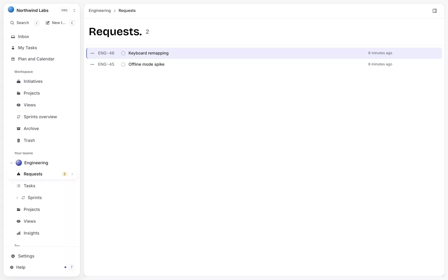 TaskShelf Requests queue with two incoming requests waiting for review
